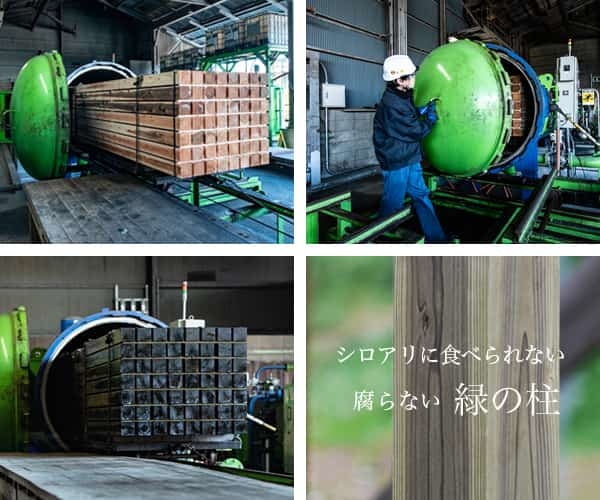 加圧注入処理工程の写真(①タンクに木材を搬入、②タンクに木材保存剤を入れて加圧処理、③緑の柱が完成)